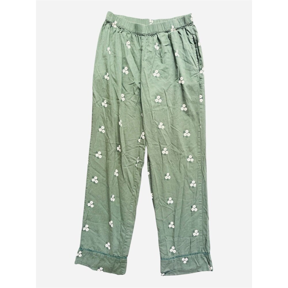 Saule Parc Floral Ankle Pants Size Small Sage Green Daisy Print Viscose Pull-On